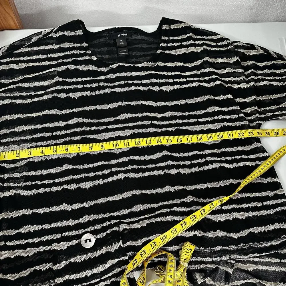 Ali Miles Top Shirt Tunic Womens 1X 1XL Black Mesh‎ Stripe back Buttons Art - Picture 10 of 12